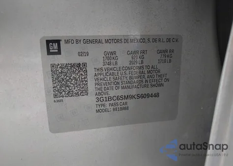 2019 Chevrolet Cruze Ls из США, поврежденный, VIN 3G1BC6SM9KS609448